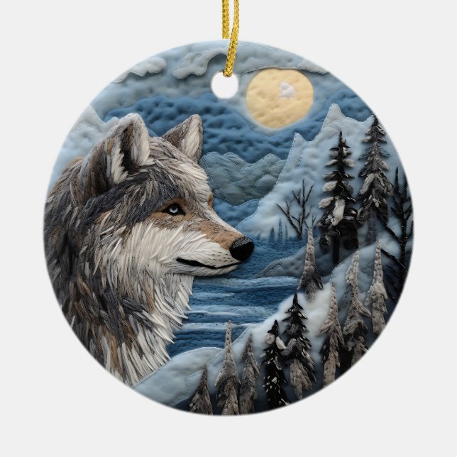 Wolf 3D Chirstmas Animal  Ceramic Ornament (Front)