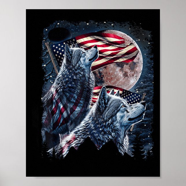 Wolf 4th Of July American Flag Howling Wolves Unde Poster (Front)