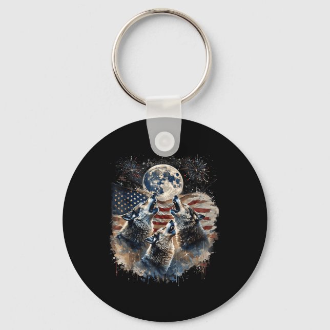 Wolf 4th Of July Howling Wolves Under Moon America Keychain (Front)