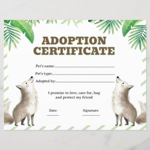 Wolf adopt a pet certificate editable flyer