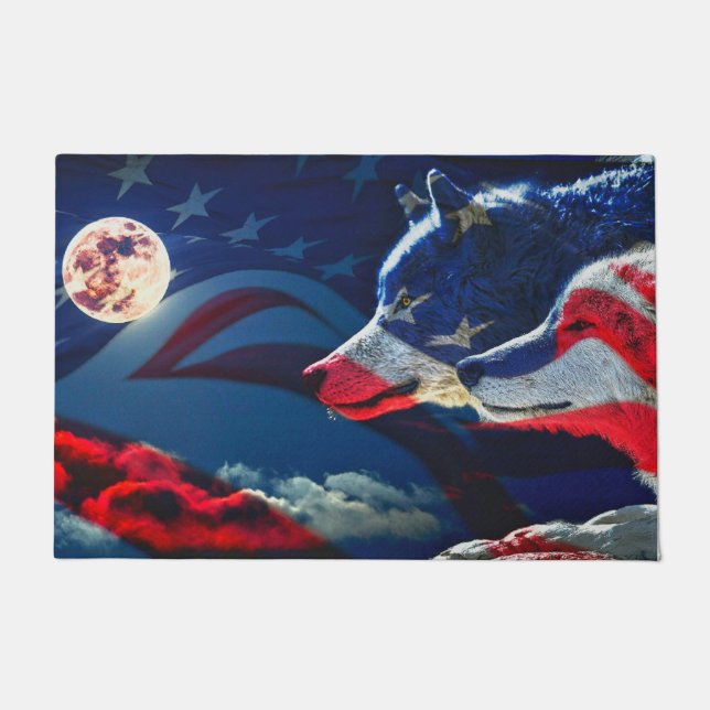 Wolf American Flag Full Moon Doormat (Front)