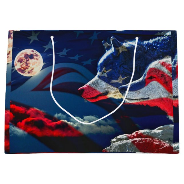 Wolf American Flag Full Moon Large Gift Bag (Front)