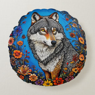 Wolf Amid Vibrant Flowers Round Pillow