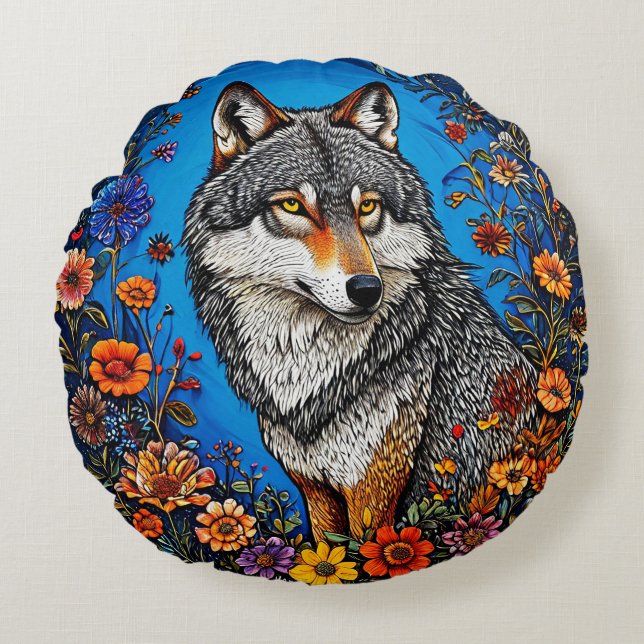 Wolf Amid Vibrant Flowers Round Pillow (Front)