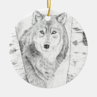 Wolf Among Birch Trees Ceramic Ornament