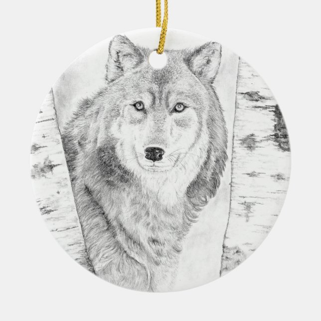 Wolf Among Birch Trees Ceramic Ornament (Front)
