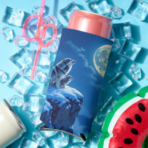 Wolf and Baby Cub Howling at Full Moon Seltzer Can Cooler