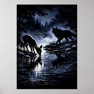 Wolf and Deer Night River Illustration Poster