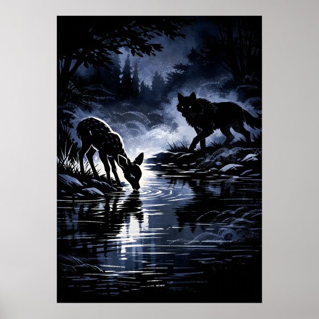 Wolf and Deer Night River Illustration Poster (Front)