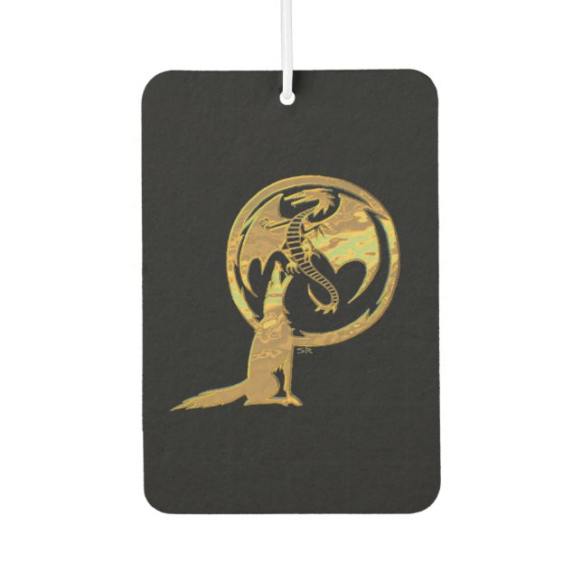 Wolf and Dragon gold black car air freshener (Front)