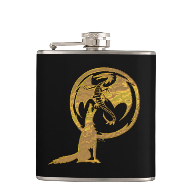 Wolf and Dragon gold black wrapped flask (Front)