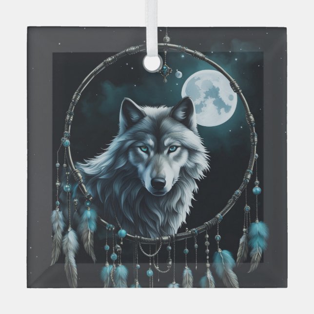 Wolf and Dreamcatcher Christmas Spiritual Glass Ornament (Front)