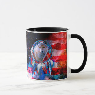 Wolf and Dreamcatcher in american flag painting Mug