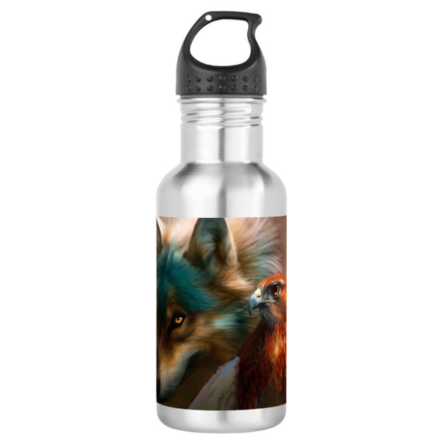 Wolf and eagle painting 532 ml water bottle (Front)
