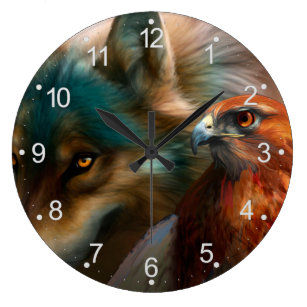 Wolf and eagle painting large clock