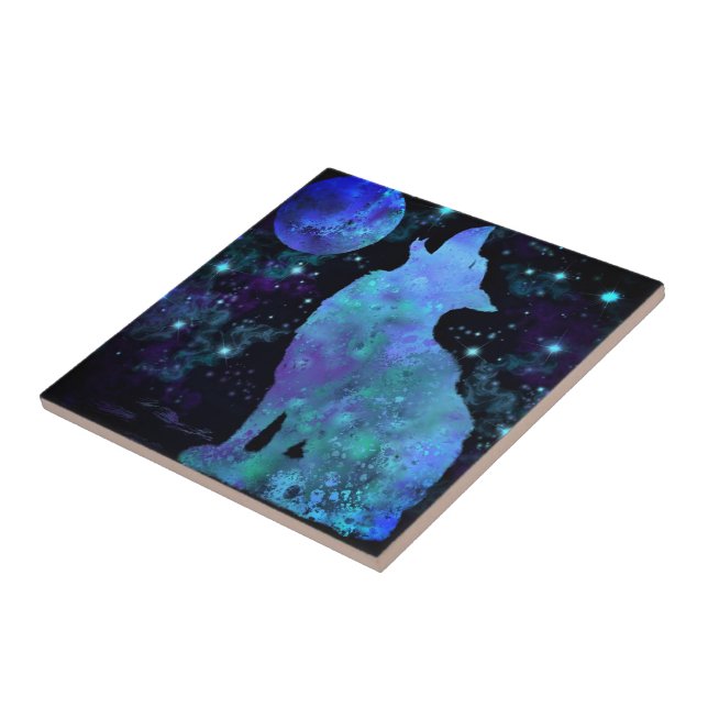 Wolf and Full Moon Ceramic Tile (Side)