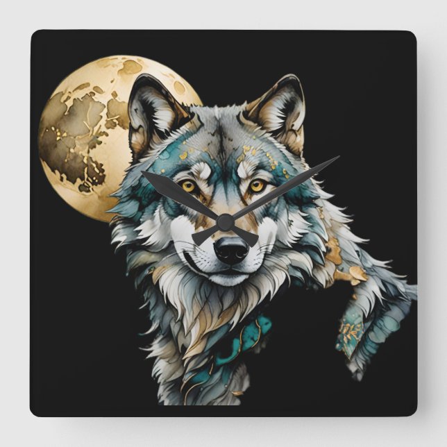Wolf and Gold Moon Square Wall Clock (Front)