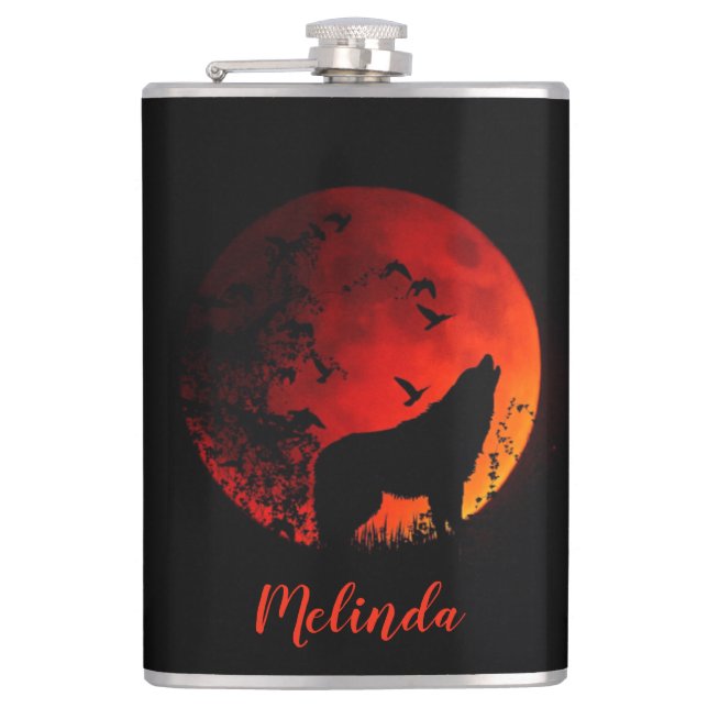 Wolf and Moon Hip Flask (Front)