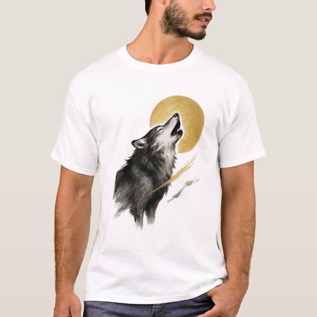 【Wolf and Moon Japanese Ink Art T-Shirt】 T-Shirt (Front)