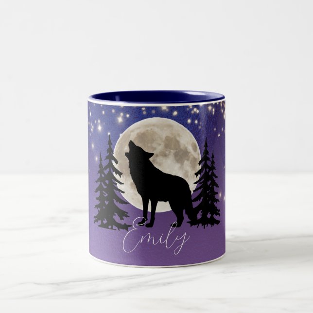 Wolf and Moon Silhouette Under the Stars Two-Tone Coffee Mug (Center)