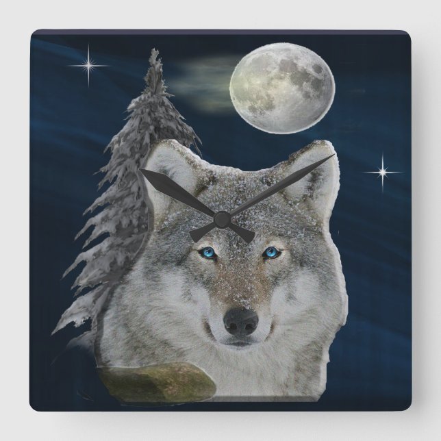 Wolf and Moon Square Wall Clock (Front)
