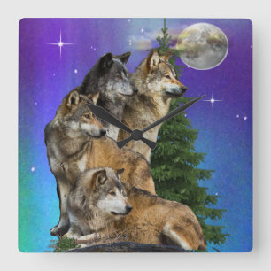 Wolf and moon   square wall clock