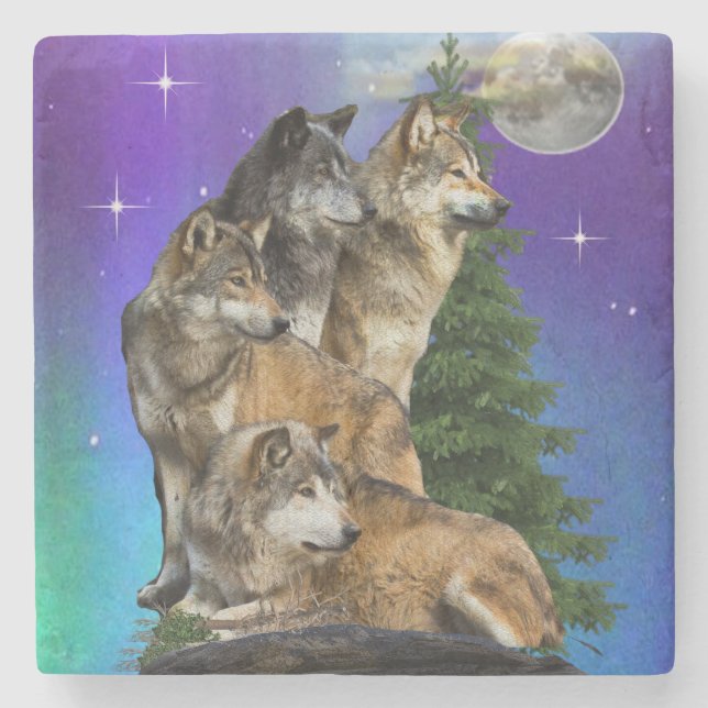 Wolf and Moon Stone Coaster (Front)