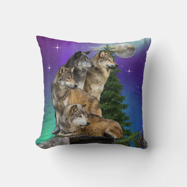 Wolf and Moon Throw Pillow (Front)