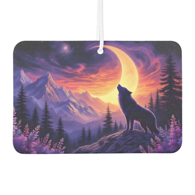 Wolf and Moose Crescent Moon Lavender Sunset Air Freshener (Front)