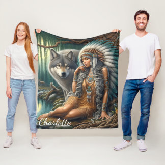 Wolf and Native Indian in nature Fleece Blanket