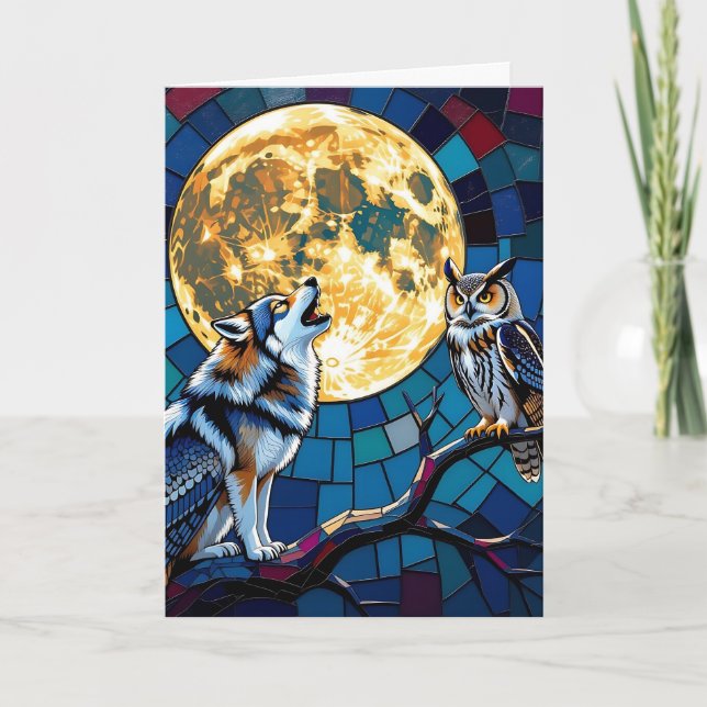  Wolf and Owl Mosaic Art | Happy Birthday Card (Front)