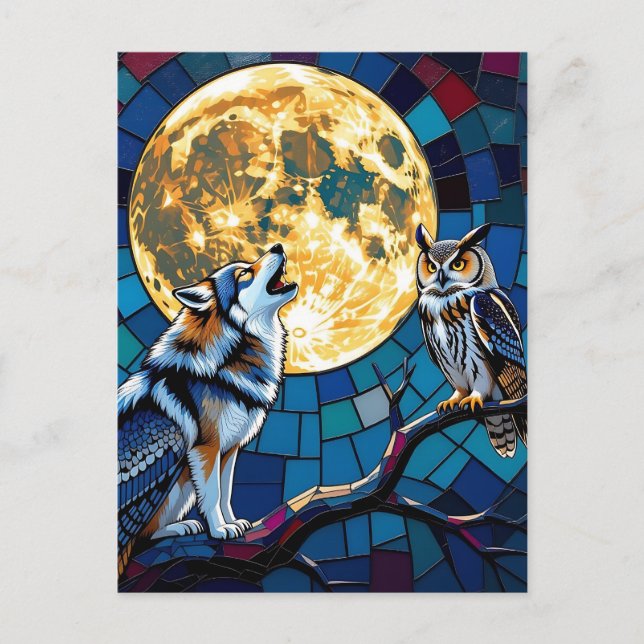  Wolf and Owl Mosaic Art | Saying Hi Postcard (Front)