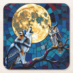Wolf and Owl Mosaic Art Square Paper Coaster