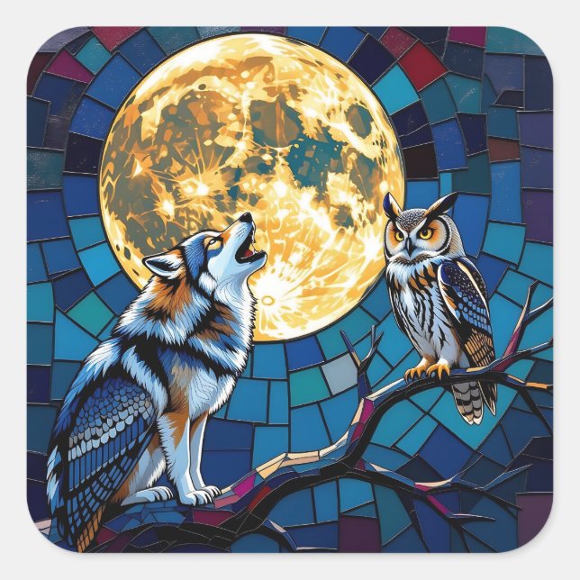  Wolf and Owl Mosaic Art Square Sticker (Front)