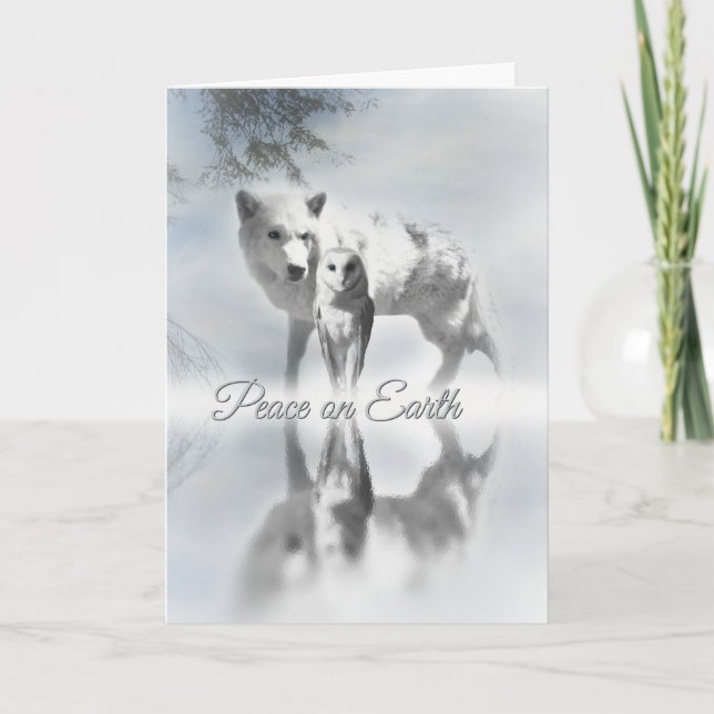 Wolf and Owl Peace on Earth Christmas Card (Front)