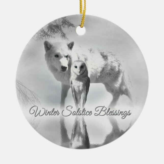 Wolf and Owl Solstice Christmas Ornament (Front)