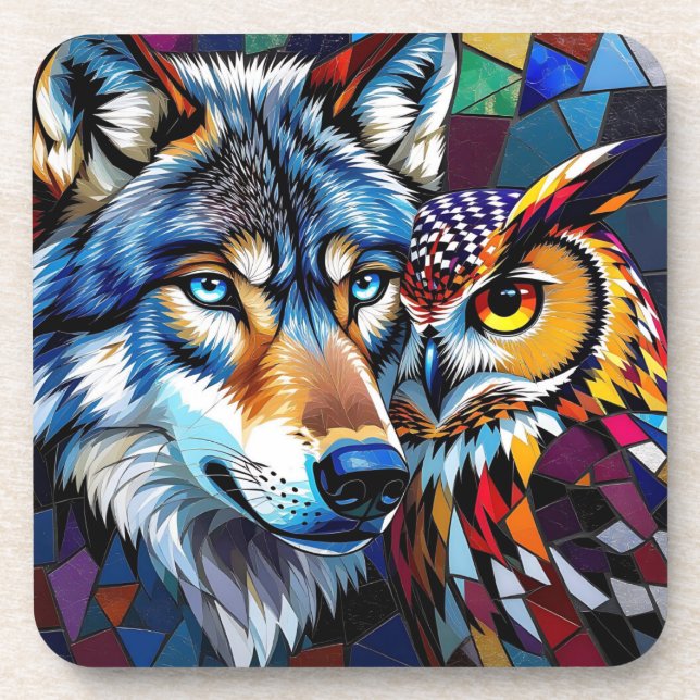 Wolf and Owl Vibrant and Colourful  Coaster (Front)
