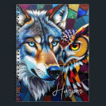 Wolf and Owl Vibrant and Colourful Personalized  Notebook<br><div class="desc">A vibrant colourful ai illustration of a wolf and an owl in a mosaic stained glass effect. A nice notebook  for those who love wildlife.</div>
