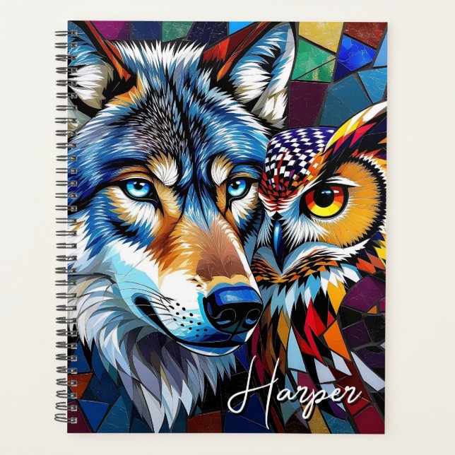Wolf and Owl Vibrant and Colourful Personalized  Planner (Front)