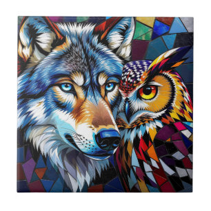 Wolf and Owl Vibrant and Colourful  Tile