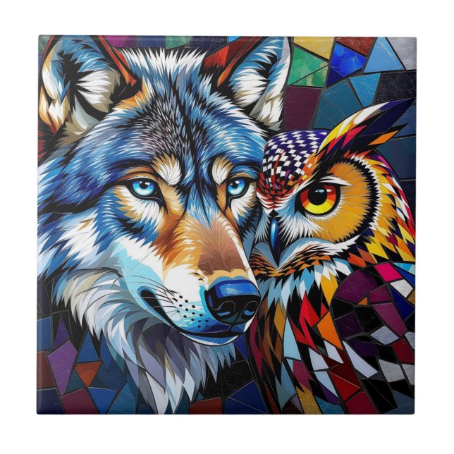 Wolf and Owl Vibrant and Colourful  Tile (Front)