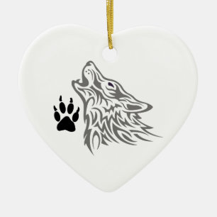 WOLF AND PAW PRINT CERAMIC ORNAMENT
