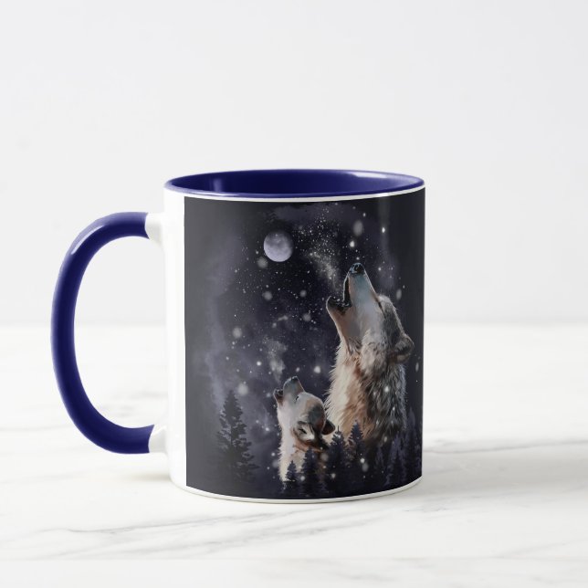 Wolf and puppy howling at the moon mug (Left)