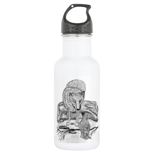 Wolf and Raven black and white design 532 Ml Water Bottle (Front)