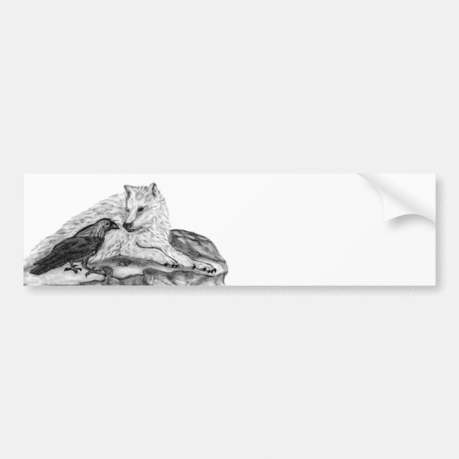 Wolf and Raven black and white design Bumper Sticker (Front)