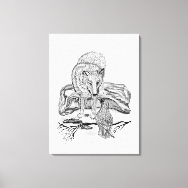 Wolf and Raven - Black and White Design Canvas Print (Front)