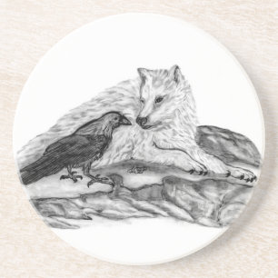 Wolf and Raven black and white design Coaster
