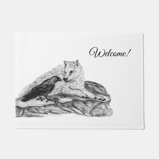 Wolf and Raven - Black and White Design Doormat (Front)