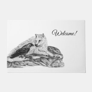 Wolf and Raven - Black and White Design Doormat