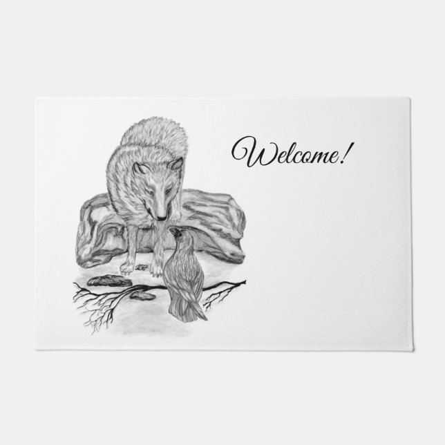 Wolf and Raven - Black and White Design Doormat (Front)
